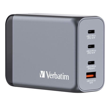 Зарядно Verbatim GNC-240 GaN Charger 240W с 4 порта и 3 преходника