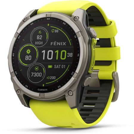 Garmin fenix 8 – Solar, Sapphire - Titanium с Amp Yellow/Graphite силиконова каишка