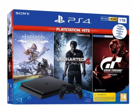 Sony PlayStation 4 Slim 1TB + PS Hits (GTS + U4 + HZD)